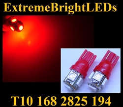TWO RED T10 168 2825 15-SMD SMD LED bulbs