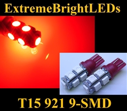 TWO Brilliant RED 9-SMD LED T10 T15 168 2825 921 3rd Brake High Mount Stop Lights 360 degree High Power bulbs