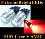 TWO Brilliant RED 3156 3157 Cree Q5 + 12-SMD Turn Signal Brake Stop Parking Light Bulbs