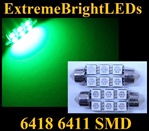 TWO GREEN 18-SMD 6418 6411 39mm Festoon LED bulbs