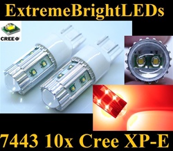 TWO Brilliant Red 50W High Power 10x Cree XP-E 7440 7443 Backup Reverse Turn Signal Brake Stop Parking Light Bulbs