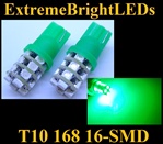 TWO GREEN T10 168 2825 16-SMD SMD LED bulbs